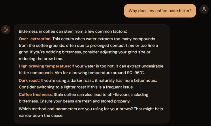 Coffee Rambler AI bitter coffee demo screenshot step 1