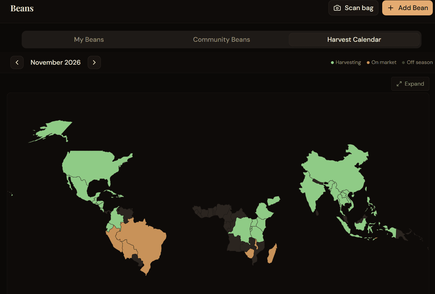 Coffee Rambler AI harvest calendar map demo showing origin phases by month